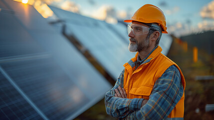 Obraz premium engineers with solar panels in background