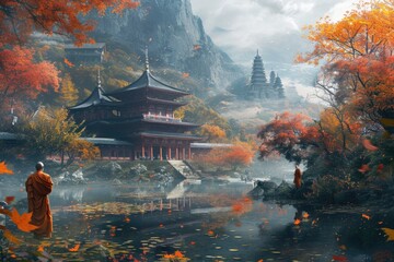 A monk contemplates beside a lake with autumn leaves and a temple backdrop. Resplendent.