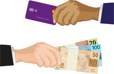 Cartão de crédito roxo. Débito ou crédito, notas de cento, cinquenta e vinte reais do brasil