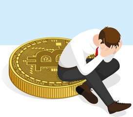 Homem triste em cima de uma moeda de bitcoin