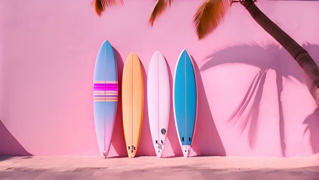 Three surfboards of various colors and designs are neatly lined up against soft pink wall. The surfboards stand out against pastel background, creating visually striking image