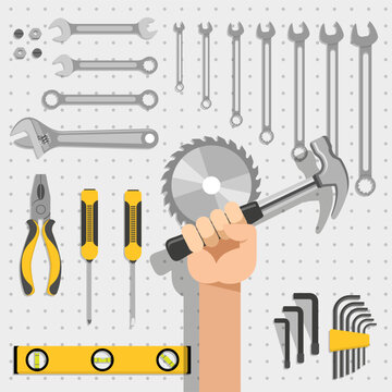 Painel de ferramentas de reparo contendo serra, martelo, chave inglesa, medidor de n&iacute;vel, alicate e chave de fenda