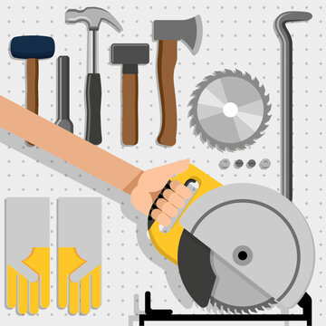 Painel de ferramentas de reparo contendo serra, machado, marreta, luvas, parafuso e martelo. Kit para carpintaria