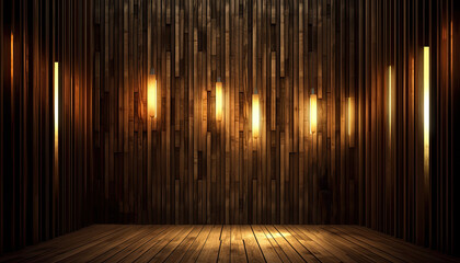 A dark room made of wooden slats with lights on the wall. - obrazy, fototapety, plakaty