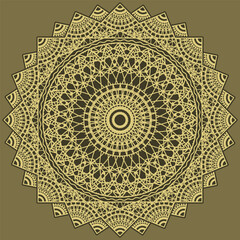 Openwork gold mandala with a complex pattern and jagged edge. Vector illustration