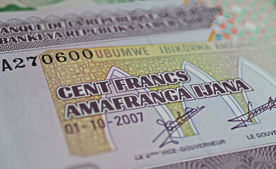 Closeup of old historical banknote amafranga ijana francs from Burundi