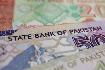 Closeup of State bank of Pakistan rupee banknote