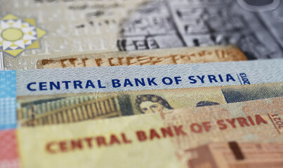 Closeup of central bank of Syria lira banknotes