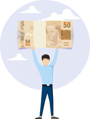Jovem buscando a independência financeira, cédula de real brasileiro, mãos para o alto e céu como plano de fundo