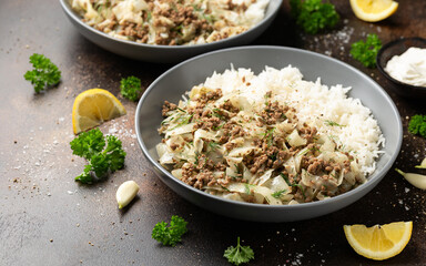 Unstuffed cabbage roll with ground beef, rice and vegetables.