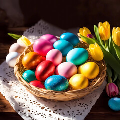 Fototapeta na wymiar Easter. Colorful eggs and a cake with flowers