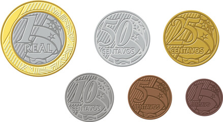 Apenas uma moeda real brasileira usada desde 2009, metálica, dourada, bronze, cobre, um real, cinquenta, vinte, dez e cinco centavos