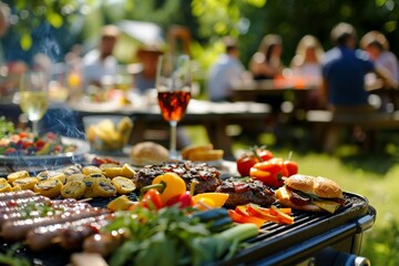 A sizzling barbecue grill loaded with juicy burgers, grilled vegetables, and smoky sausages, surrounded by friends and family enjoying a festive outdoor cookout on a sunny summer day