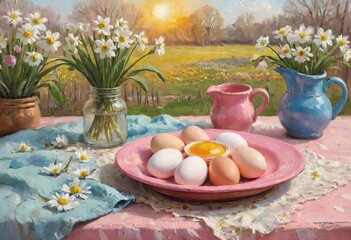 Beautiful table setting with spring flowers for Easter celebration