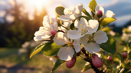 Beautiful orchard background. Close up of apple blossom against the sunlight