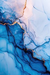 Naklejka premium Blue liquid on white with gold elements, abstraction.