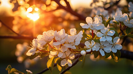 Beautiful orchard background. Close up of apple blossom against the sunlight