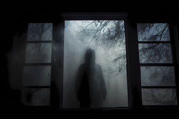 A window with a silhouette of a creepy person lurking outside amidst the eerie mist and looming trees creates an atmosphere of chilling suspense and foreboding