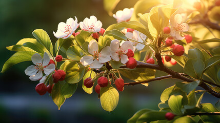 Beautiful orchard background. Close up of apple blossom against the sunlight