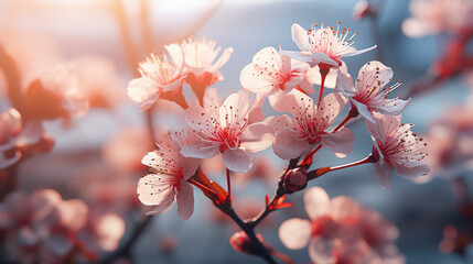 Beautiful orchard background. Close up of pink cherry blossom against the blue sky