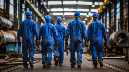 industrial workers in blue uniforms and hard hats walking away in a large industrial facility or factory