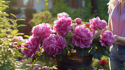 Unidentified woman florist arranging peonies in the basket. Florist business concept, blurred background