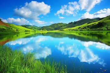A tranquil lake nestled among rolling hills and verdant meadows, its surface reflecting the vibrant colors of the surrounding landscape, offering a serene and idyllic background