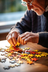 Elderly Person Engaged in Cognitive Exercise with Colorful Jigsaw Puzzle Pieces. Concept of nursing home or house. Vertical