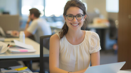 Fototapeta premium cheerful woman , wearing a white blouse and a necklace, smiling and looking at a laptop screen