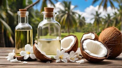 Coconut oil in a glass bottle, coconut blossoms on a wooden table with a backdrop of a real coconut plantation, natural and healthful foods, and cooking oil. Generative AI