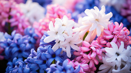 Beautiful bright floral spring background. Lilac hyacinths close up