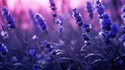 Beautiful floral spring background. Close up of lavender field against the light