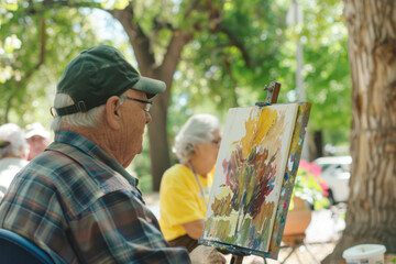 Naklejka premium Elderly Artist Painting Outdoors in the Park on a Sunny Day. Concept of nursing home or house. 