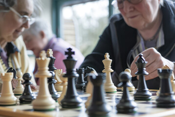 Elderly People Strategizing in Chess Game Club Competition. Concept of nursing home or house.  - obrazy, fototapety, plakaty