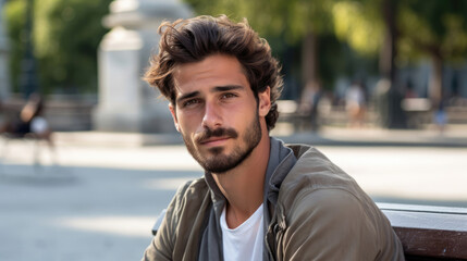 Attractive Italian guy with long hair and stubble sits on street bench