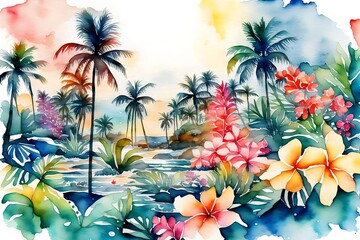 tropical flowers and palms
