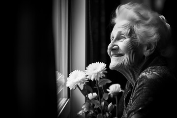 Elderly Woman Smiling Serenely Beside Window with Flowers in Peaceful Black and White Portrait. Concept of nursing home or house. White and black photo. - 739495143