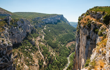 The Verdon Gorge canyon and Sainte Croix du Verdon in the Verdon Natural Regional Park, France. Panoramic view at sunny day. - obrazy, fototapety, plakaty