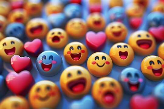 An array of classic emoji icons such as smiling faces, hearts, thumbs up, and crying laughter, symbolizing the universal language of emotion and expression in the digital world - Powered by Adobe