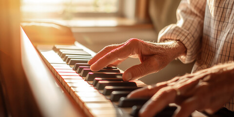 Pianist's Hands Playing Melodic Symphony on Grand Piano at Sunset. Concept of nursing home or...