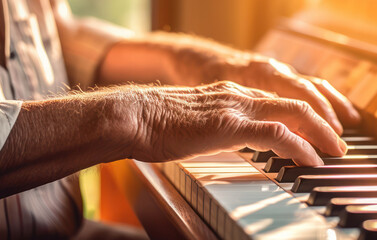 Elderly Musician's Hands Gracefully Playing on a Sunlit Piano. Concept of nursing home or house.  - obrazy, fototapety, plakaty
