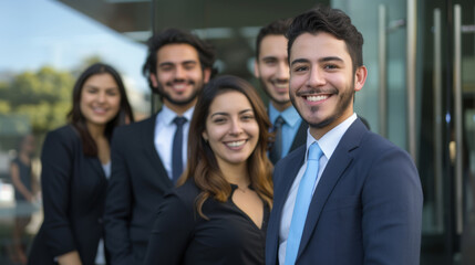 Fototapeta premium group of professional individuals, likely a business team, standing together and smiling at the camera.