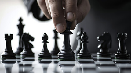 close-up view of a person's hand moving a black king chess piece during a game, signifying strategic thinking and decision-making.
