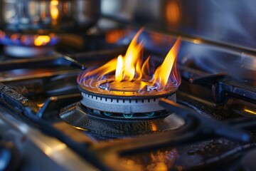 Vivid Stove Burner Flames - The dynamic and vivid display of gas stove flames, symbolizing the blend of tradition and technology in modern cooking practices. Ideal for themes of energy, warmth, and th - obrazy, fototapety, plakaty