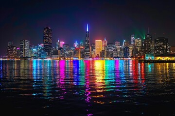 Illuminated city skyline at night with iconic landmarks lit up in rainbow hues to commemorate Pride Day, symbolizing solidarity and inclusion within the urban landscape