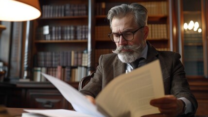 Mature Academic Researching - An older academic immersed in research papers within the studious confines of a well-stocked library.