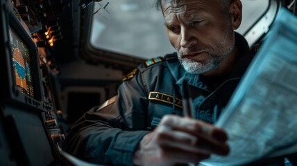 Fototapeta na wymiar Focused Pilot Navigating - Experienced pilot reviews navigation charts in a cockpit during a flight.