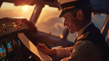 Captain at Sunset Flight - Airline captain reviews documents in the cockpit with a sunset backdrop. - obrazy, fototapety, plakaty