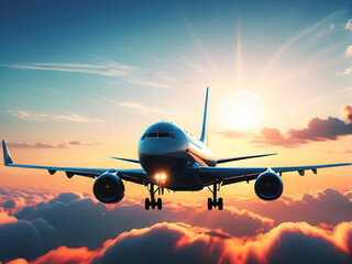 Sunset Soar: Passenger Plane Glides Above Clouds in Warm Sunset Hues. generative AI - obrazy, fototapety, plakaty