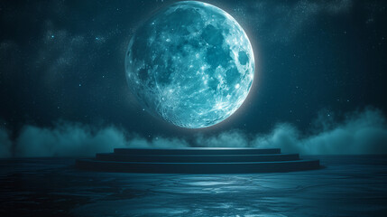 empty black podium front of the big glowing blue moon on space and stars background with smoke
